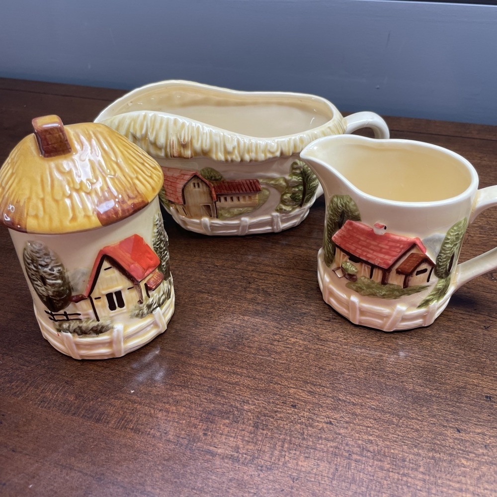 Vtg Japan Whimsical Country Cottage/Farm Scenes Soup Tureen Teapot & Gravy Boat